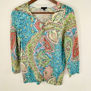 Talbots Cardigan Sweater Small Paisley Floral Knit Green Blue Pink